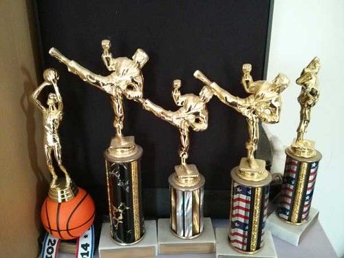 Engraved trophies and awards on a shelf